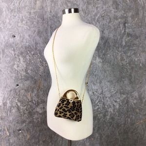 Y & S Originals Leopard Print Evening Bag Brass Handle Rhinestone Clasp Clutch